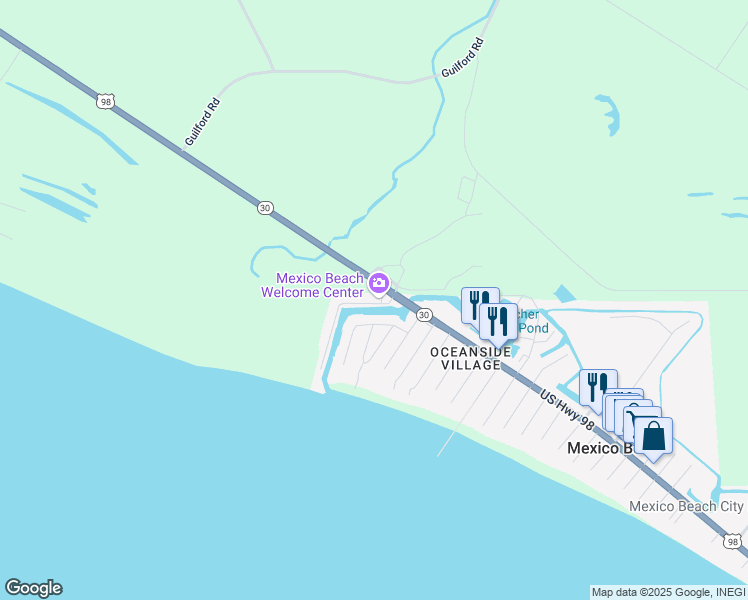 map of restaurants, bars, coffee shops, grocery stores, and more near 102 Canal Parkway in Mexico Beach