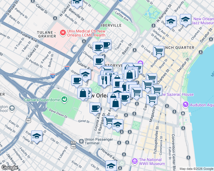 map of restaurants, bars, coffee shops, grocery stores, and more near 234 Loyola Avenue in New Orleans