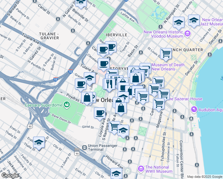 map of restaurants, bars, coffee shops, grocery stores, and more near 234 Loyola Avenue in New Orleans