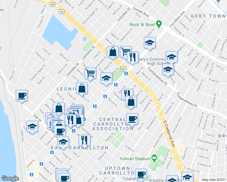map of restaurants, bars, coffee shops, grocery stores, and more near 2077 South Carrollton Avenue in New Orleans