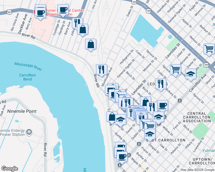 map of restaurants, bars, coffee shops, grocery stores, and more near 7 River Road in New Orleans