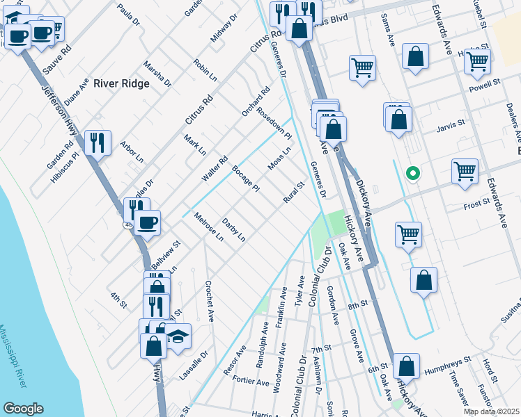 map of restaurants, bars, coffee shops, grocery stores, and more near 8915 Tanglewild Place in River Ridge
