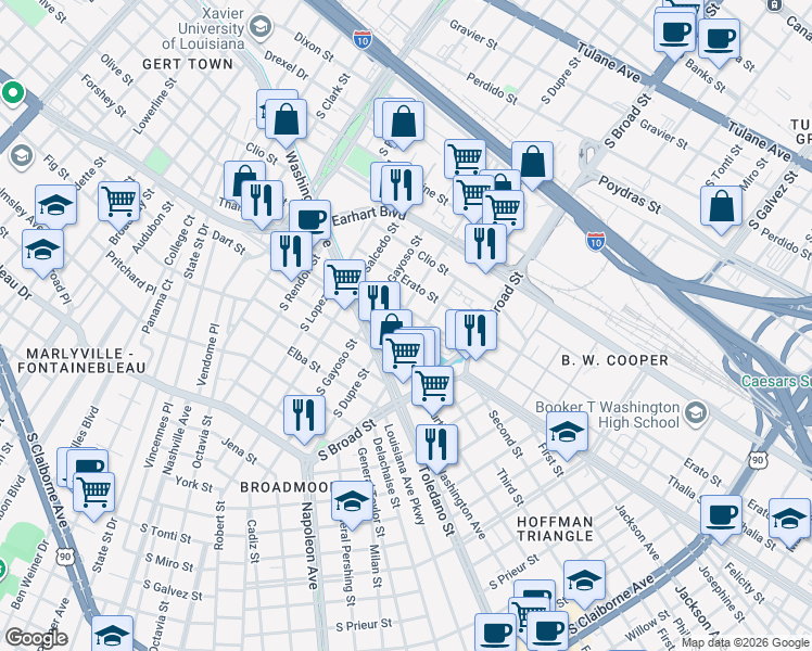 map of restaurants, bars, coffee shops, grocery stores, and more near 4125 Martin Luther King Junior Boulevard in New Orleans