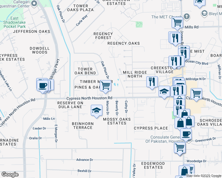 map of restaurants, bars, coffee shops, grocery stores, and more near 12314 Oak Plaza Drive in Cypress