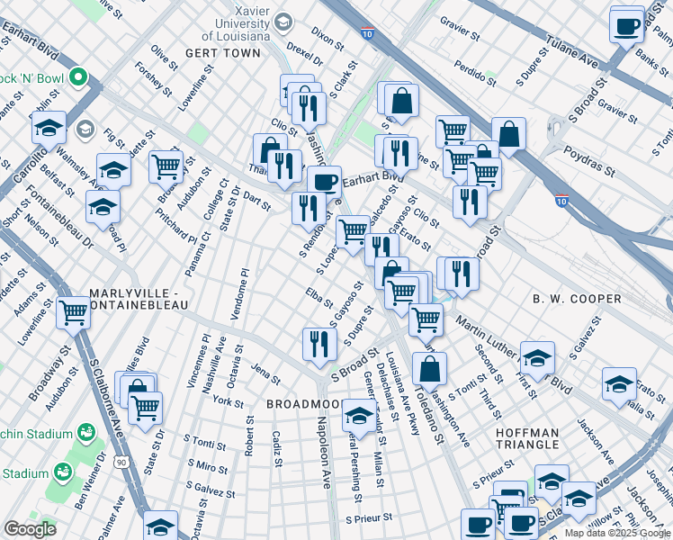 map of restaurants, bars, coffee shops, grocery stores, and more near 1613 South Salcedo Street in New Orleans