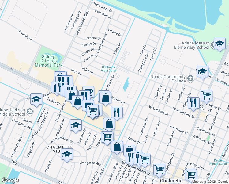 map of restaurants, bars, coffee shops, grocery stores, and more near 32 Philip Court South in Chalmette