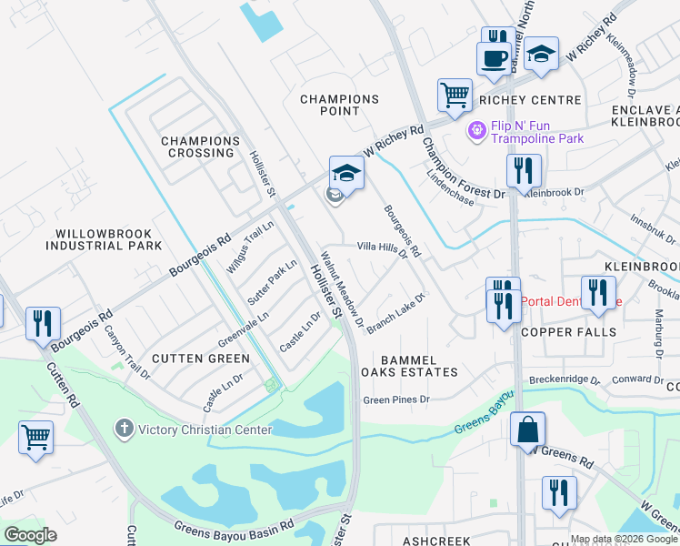 map of restaurants, bars, coffee shops, grocery stores, and more near 11406 Walnut Meadow Drive in Houston