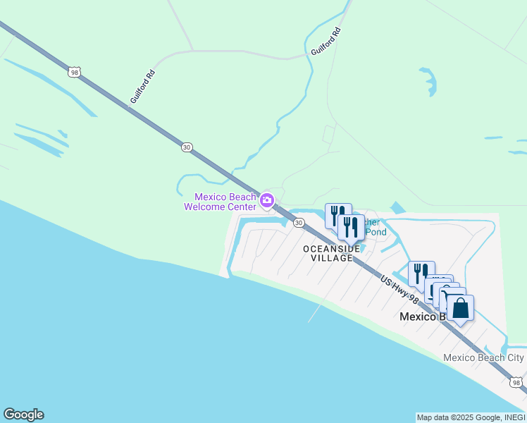 map of restaurants, bars, coffee shops, grocery stores, and more near 102 Canal Parkway in Mexico Beach