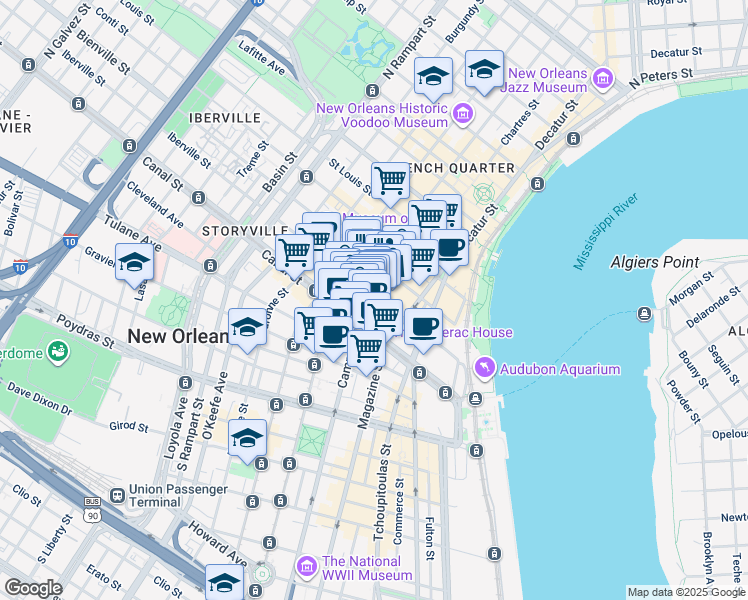 map of restaurants, bars, coffee shops, grocery stores, and more near 606 Iberville Street in New Orleans