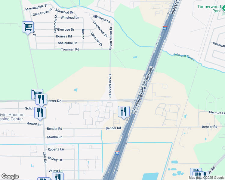 map of restaurants, bars, coffee shops, grocery stores, and more near 16030 Green Manor Dr in Humble