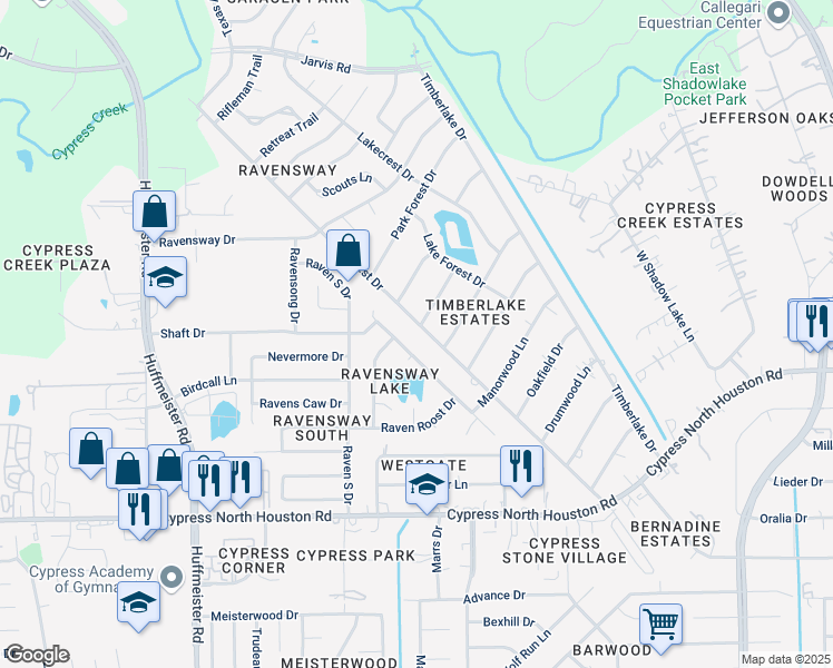 map of restaurants, bars, coffee shops, grocery stores, and more near 12711 Tall Forest Drive in Cypress