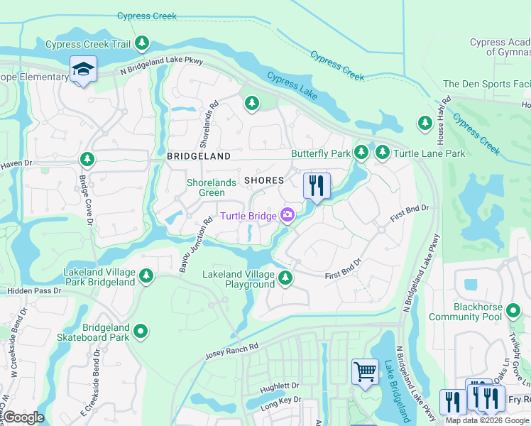 map of restaurants, bars, coffee shops, grocery stores, and more near 18310 Chapmans Count Road in Cypress