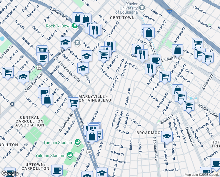 map of restaurants, bars, coffee shops, grocery stores, and more near 3829 Versailles Boulevard in New Orleans