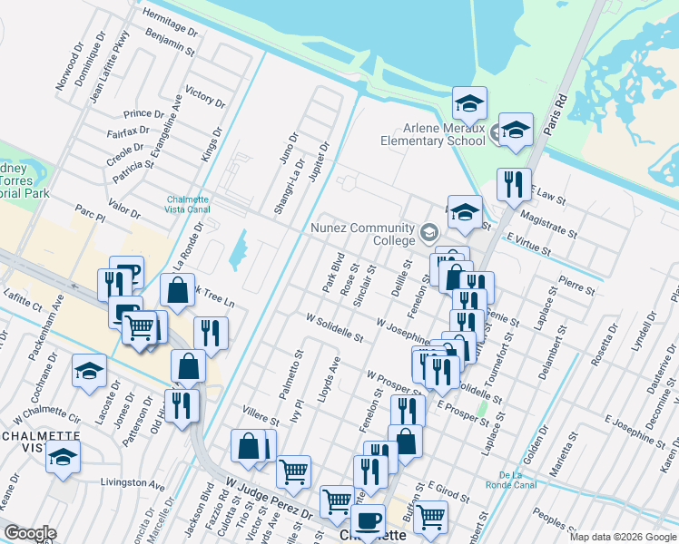 map of restaurants, bars, coffee shops, grocery stores, and more near 3504 Park Boulevard in Chalmette