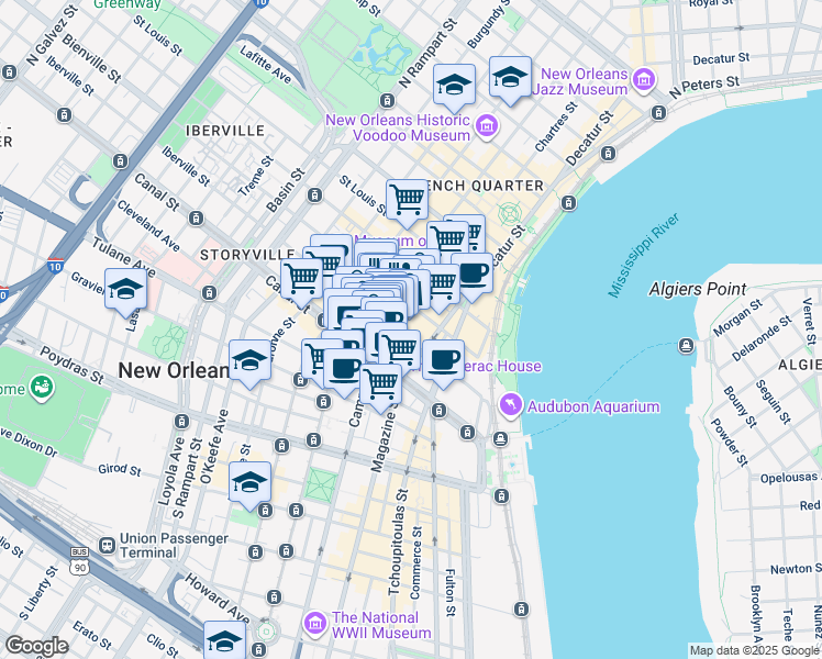 map of restaurants, bars, coffee shops, grocery stores, and more near 141 Chartres Street in New Orleans
