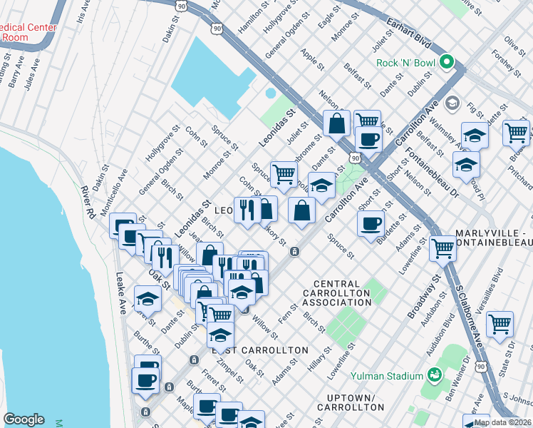 map of restaurants, bars, coffee shops, grocery stores, and more near 1820 Dante Street in New Orleans