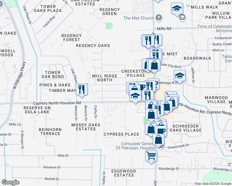 map of restaurants, bars, coffee shops, grocery stores, and more near 11227 Sunshine Park Drive in Cypress