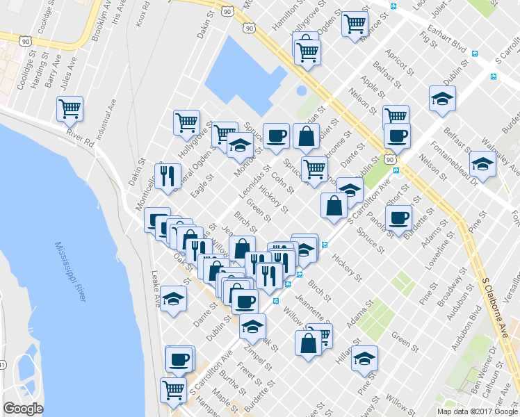 map of restaurants, bars, coffee shops, grocery stores, and more near 1701 Joliet Street in New Orleans