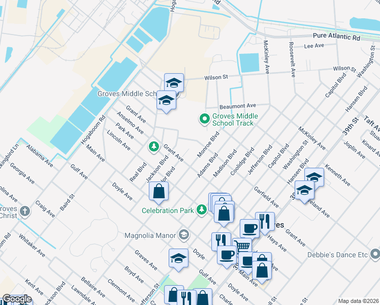 map of restaurants, bars, coffee shops, grocery stores, and more near 6340 Taylor Boulevard in Groves