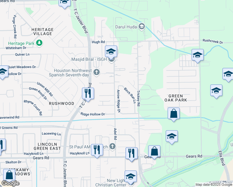 map of restaurants, bars, coffee shops, grocery stores, and more near 11723 Arrow Ridge Drive in Houston