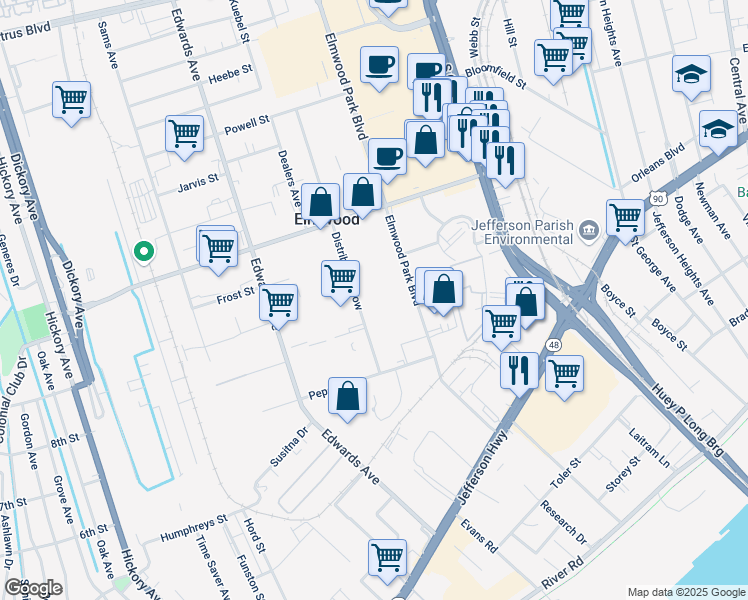 map of restaurants, bars, coffee shops, grocery stores, and more near 1922 Illinois Avenue in Elmwood