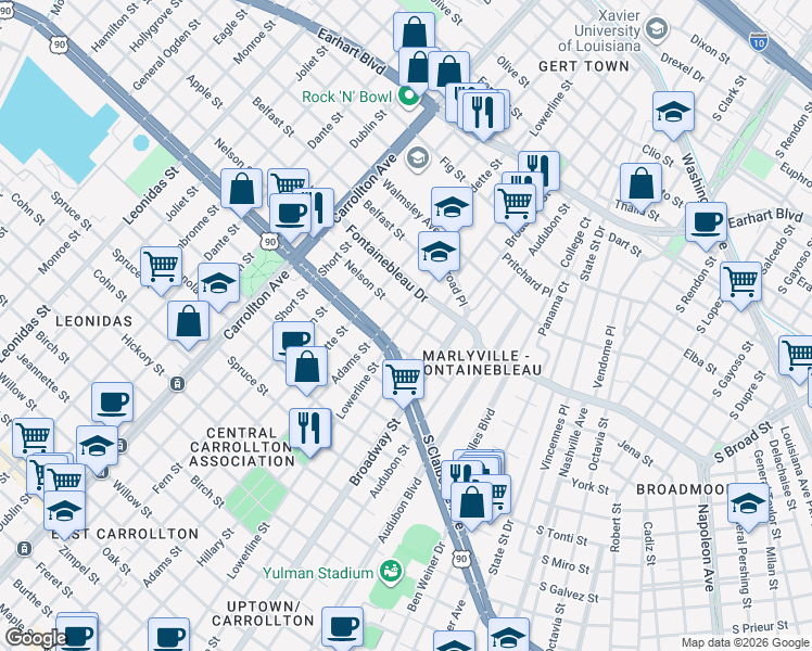 map of restaurants, bars, coffee shops, grocery stores, and more near 2502 Pine Street in New Orleans