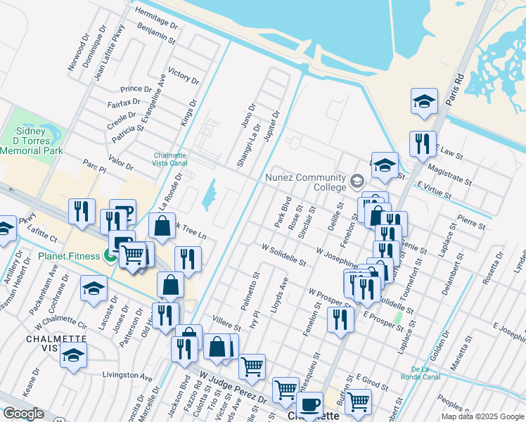 map of restaurants, bars, coffee shops, grocery stores, and more near 3411 Pakenham Drive in Chalmette