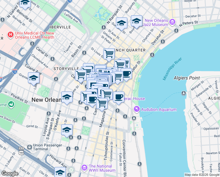 map of restaurants, bars, coffee shops, grocery stores, and more near 141 Chartres Street in New Orleans