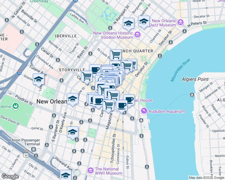 map of restaurants, bars, coffee shops, grocery stores, and more near 141 Chartres Street in New Orleans