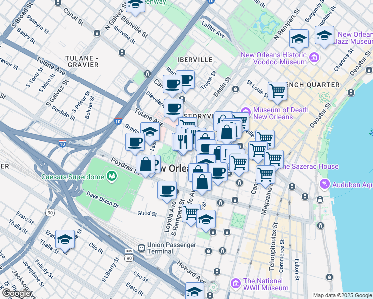 map of restaurants, bars, coffee shops, grocery stores, and more near 234 Loyola Avenue in New Orleans