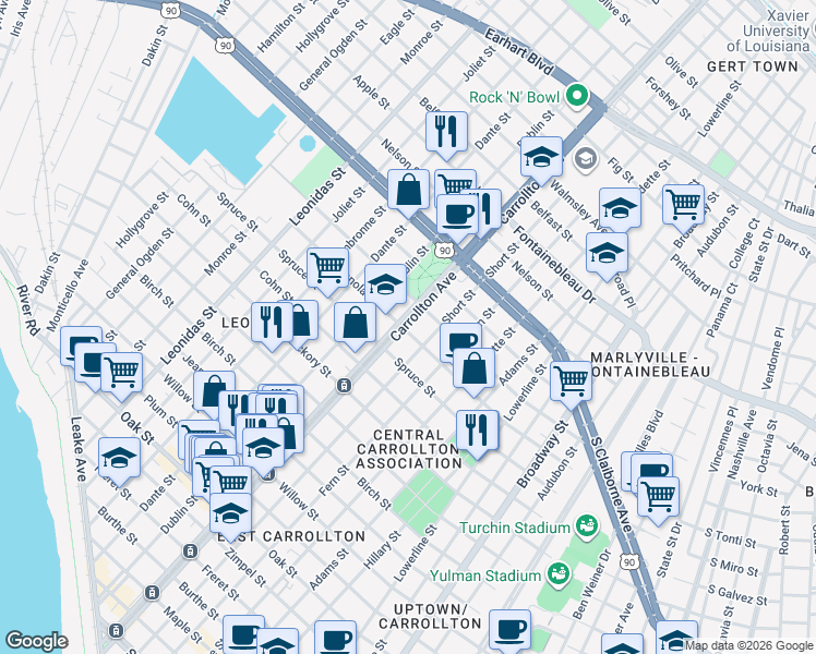 map of restaurants, bars, coffee shops, grocery stores, and more near 2077 South Carrollton Avenue in New Orleans