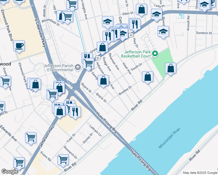map of restaurants, bars, coffee shops, grocery stores, and more near 233 Saint George Avenue in New Orleans