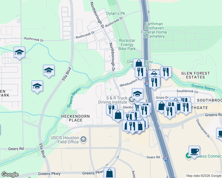 map of restaurants, bars, coffee shops, grocery stores, and more near 12803 Northborough Drive in Houston