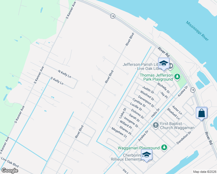 map of restaurants, bars, coffee shops, grocery stores, and more near 7 East Kori Lane in Westwego