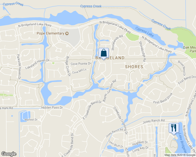 map of restaurants, bars, coffee shops, grocery stores, and more near 18715 South Colony Shore Drive in Cypress