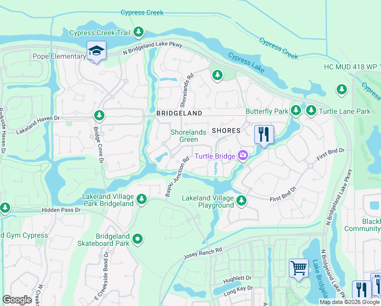 map of restaurants, bars, coffee shops, grocery stores, and more near 12107 Bayou Junction Road in Cypress