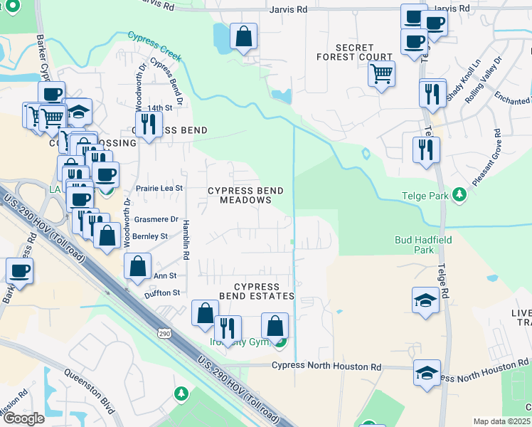 map of restaurants, bars, coffee shops, grocery stores, and more near 12206 Hurst Court in Cypress