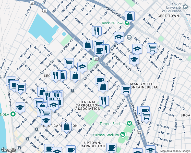 map of restaurants, bars, coffee shops, grocery stores, and more near Short Street in New Orleans