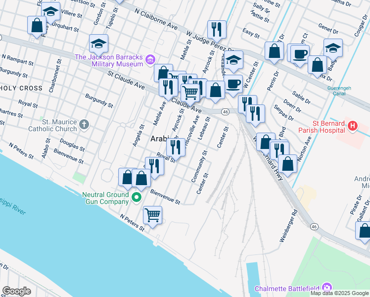 map of restaurants, bars, coffee shops, grocery stores, and more near 815 Friscoville Avenue in Arabi