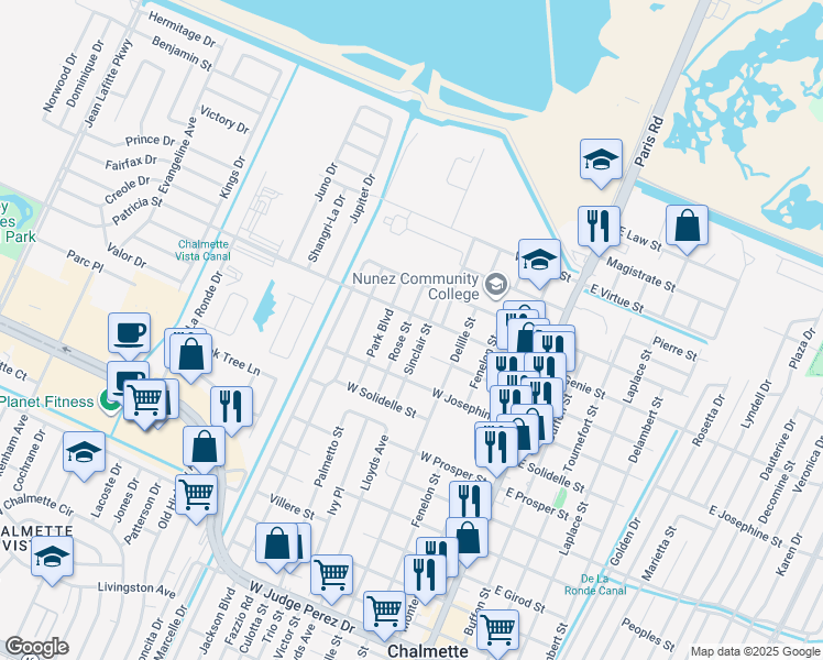 map of restaurants, bars, coffee shops, grocery stores, and more near 3506 Sinclair Street in Chalmette