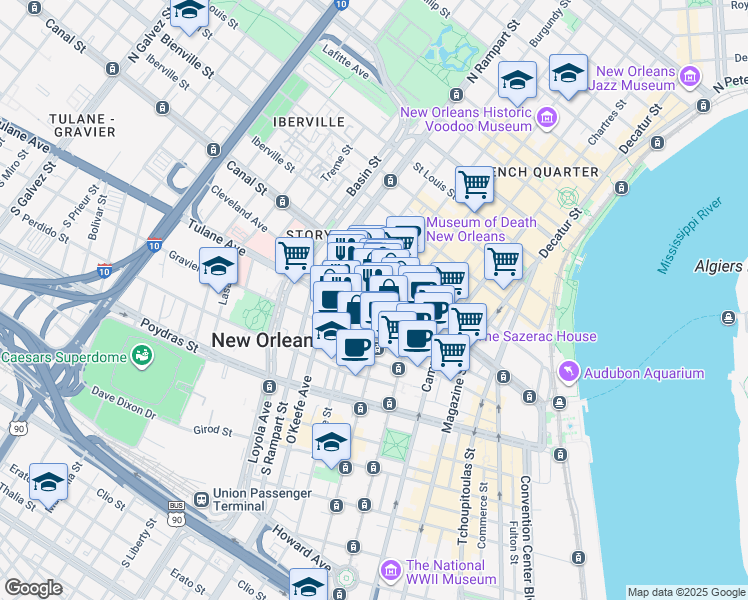 map of restaurants, bars, coffee shops, grocery stores, and more near 817 Common Street in New Orleans
