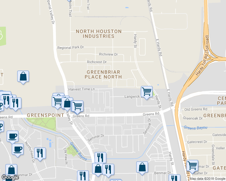 map of restaurants, bars, coffee shops, grocery stores, and more near 17740 Wayforest Drive in Houston