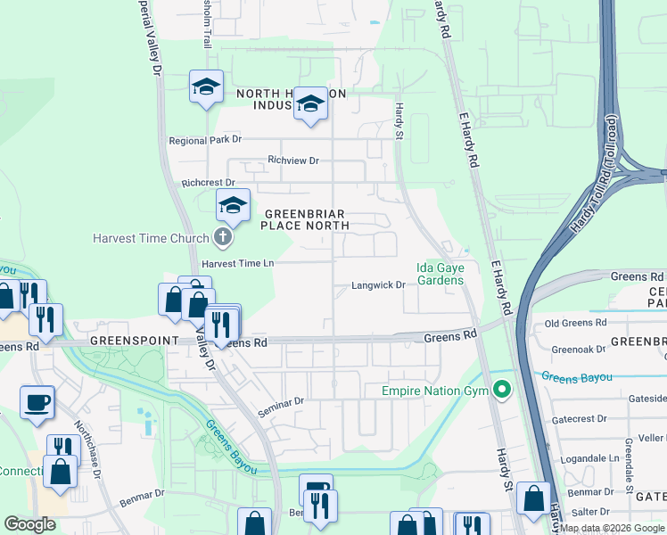 map of restaurants, bars, coffee shops, grocery stores, and more near 17732 Wayforest Drive in Houston