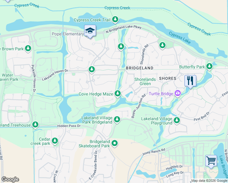 map of restaurants, bars, coffee shops, grocery stores, and more near 18803 Cove Vista Lane in Cypress