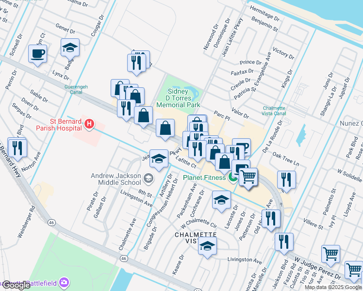 map of restaurants, bars, coffee shops, grocery stores, and more near 8300 West Judge Perez Drive in Chalmette