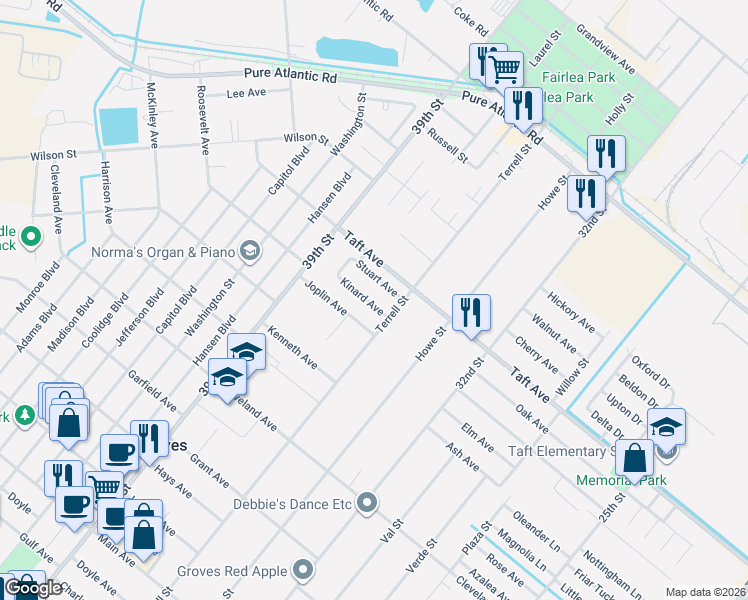 map of restaurants, bars, coffee shops, grocery stores, and more near 6823 Terrell Street in Groves