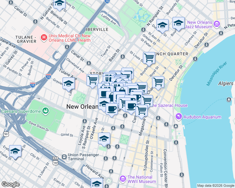 map of restaurants, bars, coffee shops, grocery stores, and more near 817 Common Street in New Orleans