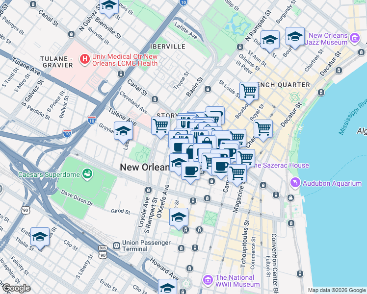 map of restaurants, bars, coffee shops, grocery stores, and more near 925 Common Street in New Orleans