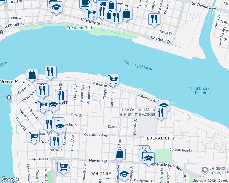 map of restaurants, bars, coffee shops, grocery stores, and more near 229 Leboeuf Street in New Orleans