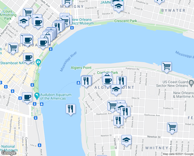 map of restaurants, bars, coffee shops, grocery stores, and more near 321 Delaronde Street in New Orleans